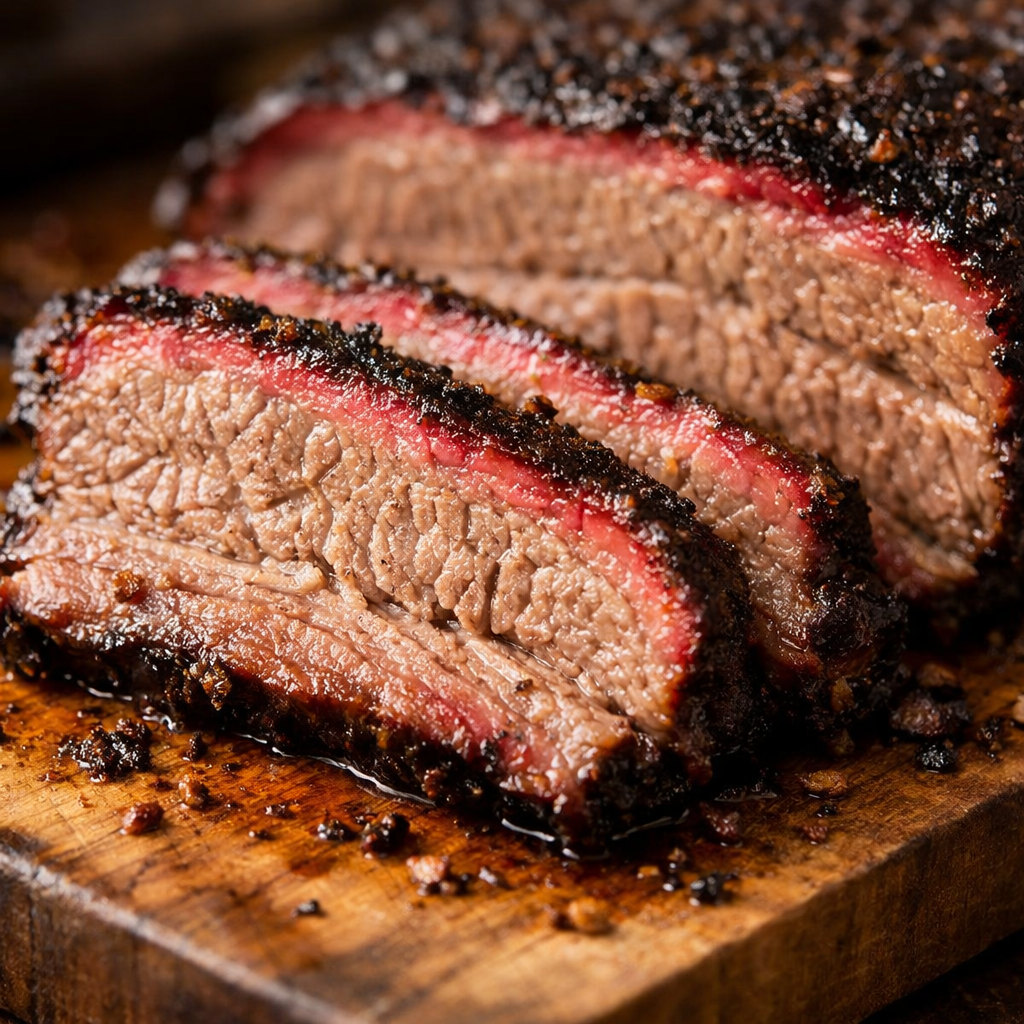 Smoked beef brisket sliced on a board