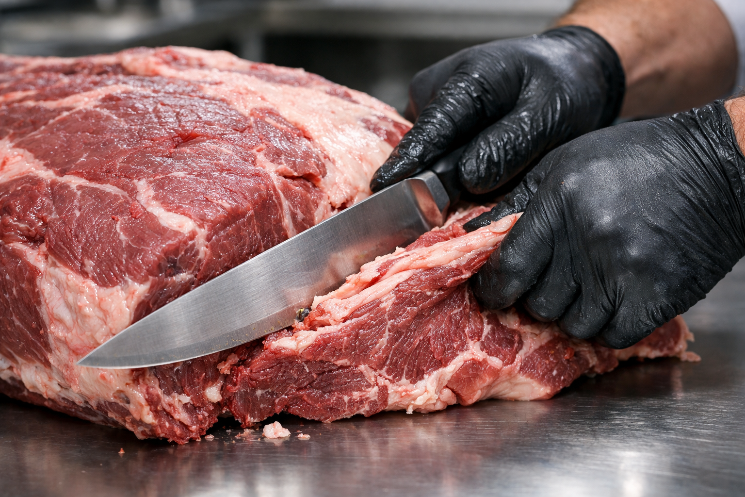 Butcher cutting a beef primal on a clean work surface