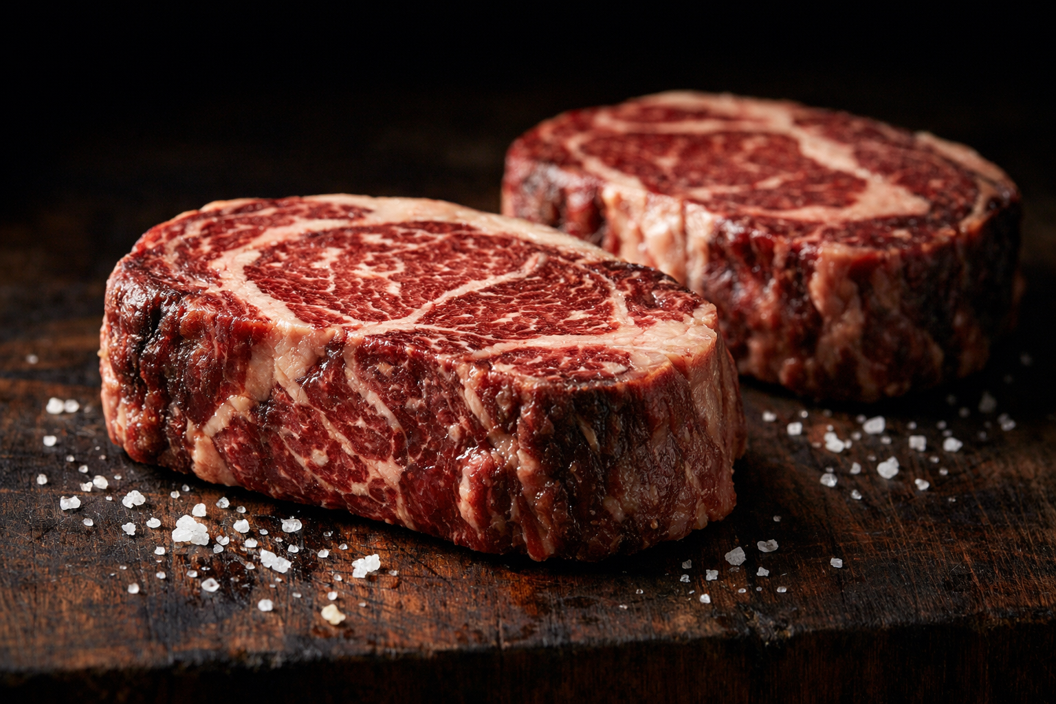 Dry-aged ribeye steaks on a butcher block